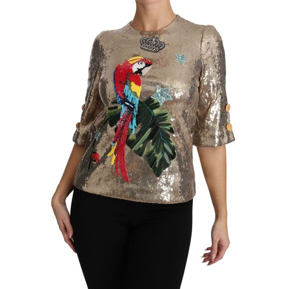 Dolce & Gabbana Sequin Parrot Embroidered Top Women Gold Tops & T-Shirts - Picture 4 of 6